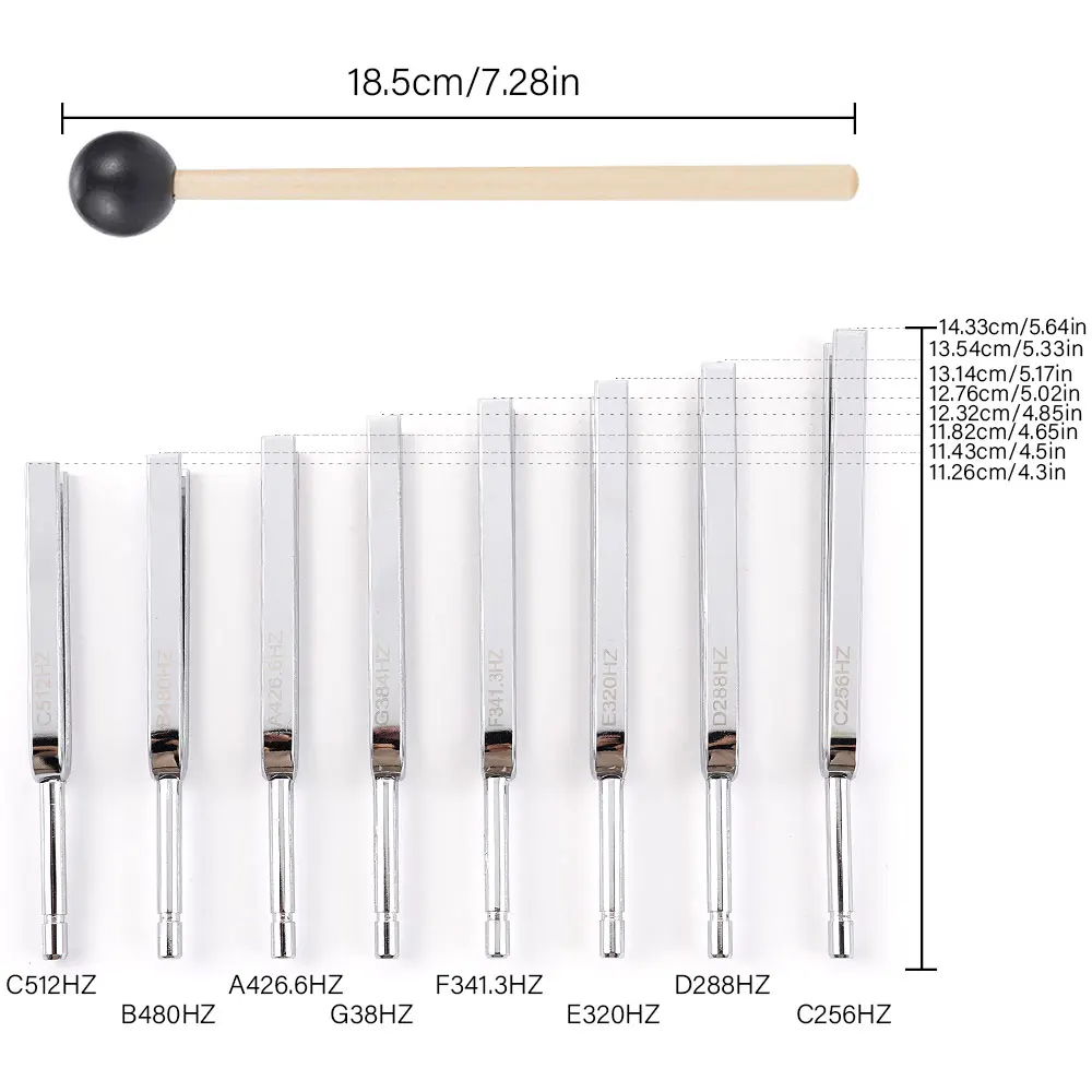 8Pcs 256-512HZ Steel Tuning Fork Set Health Physics Vibration Medical Diagnostic + Mallet Vibration Healing Therapy Medical Tool 2
