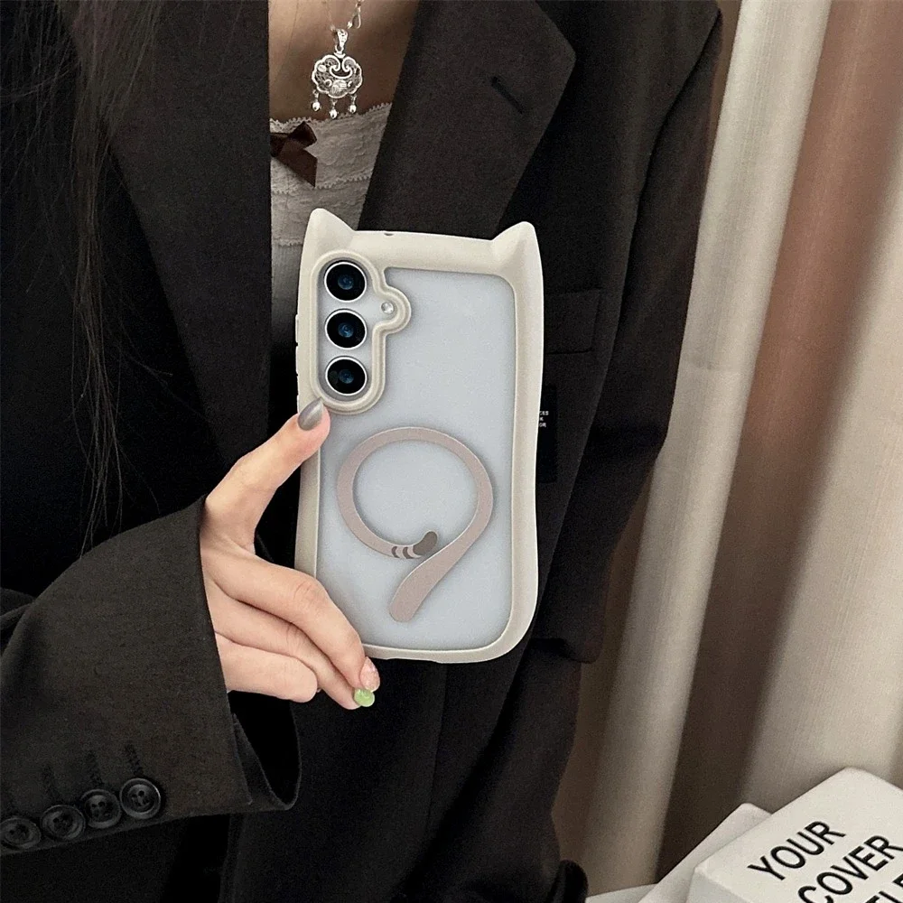 Cute Cat Ear Magnetic Phone Case - Transparent, Wireless Charging-Compatible Shell