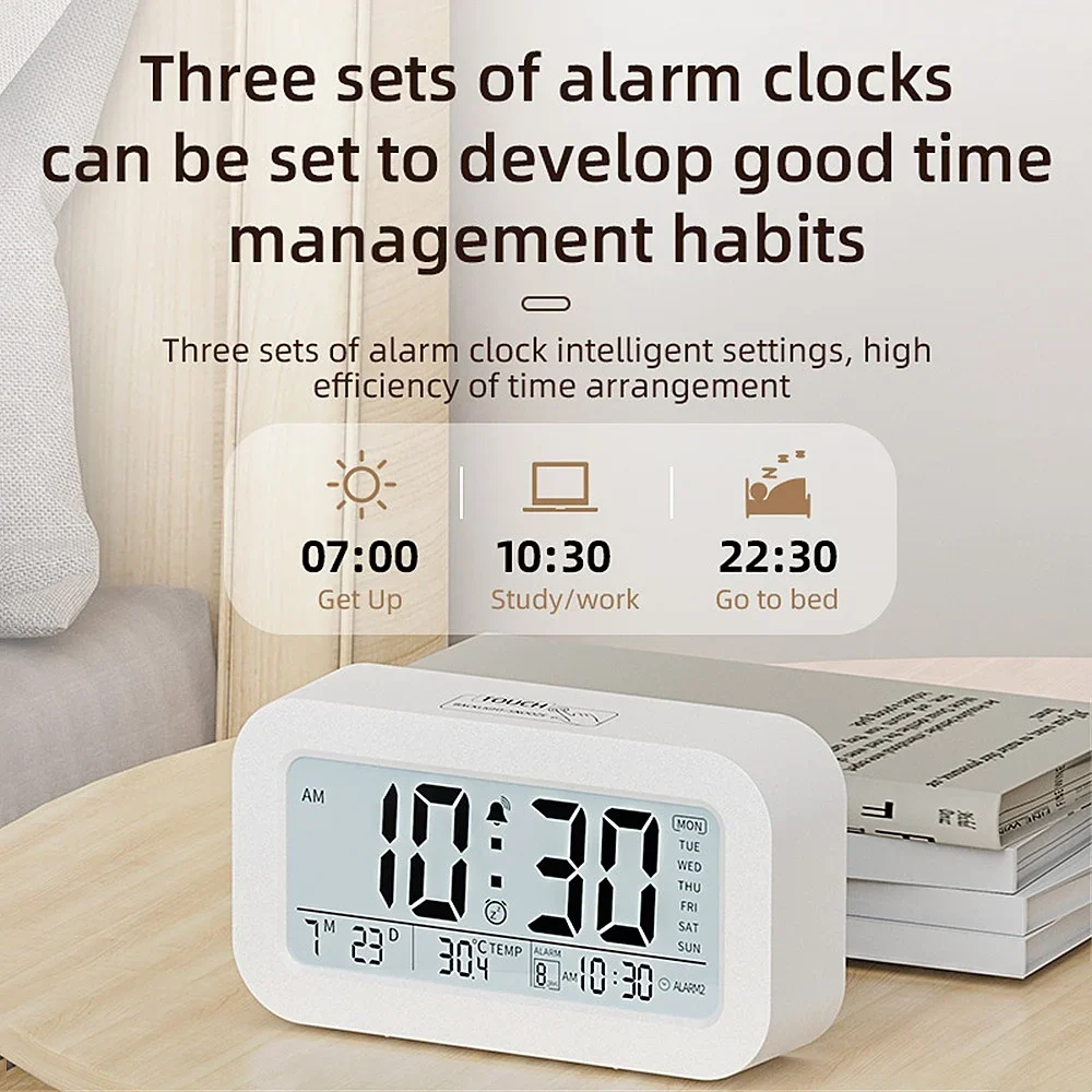 LCD Alarm Clock Battery Powered TEMP Date Week 3 Alarms Backlight Snooze 12/24H Digital