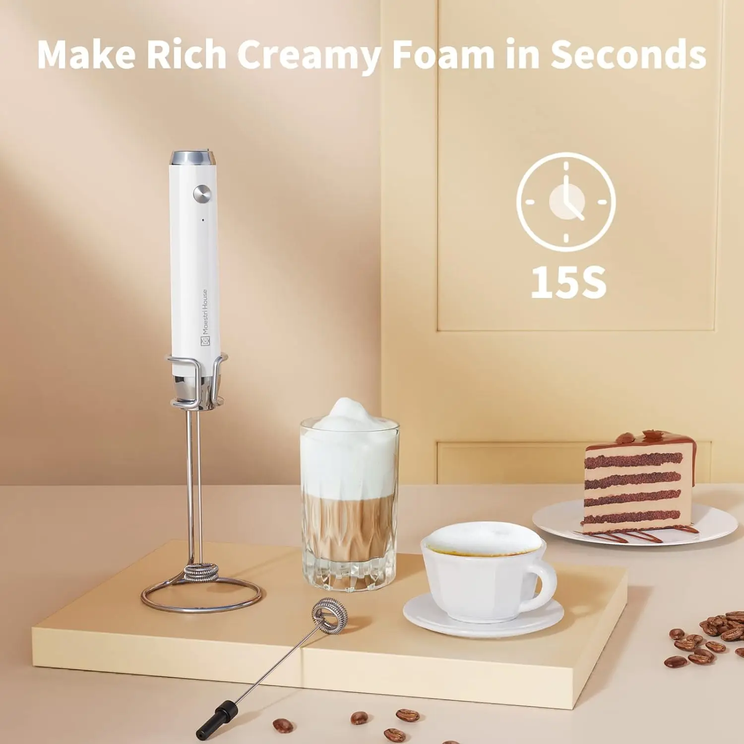 Maestri House Electric Milk Frother Detachable Stainless Steel Whisk Drink Mixer Foamer for Lattes Cappuccino Hot Chocolate 6