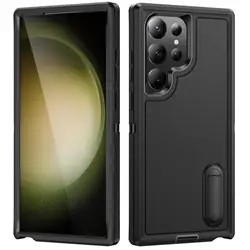 Hybrid 3 - in - 1 Military - Grade Anti - Shock Protective Phone Case with Hard PC Bracket - S26 Ultra (Black)