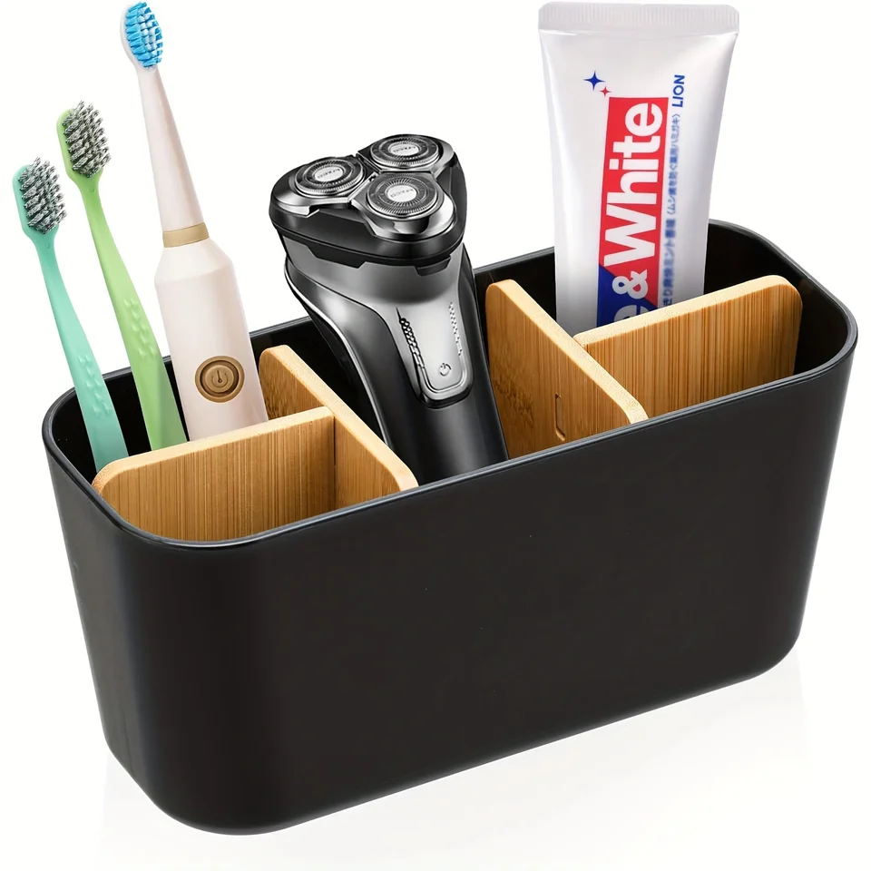 Eco-Friendly Bamboo Desk Organizer with Toothbrush Slots