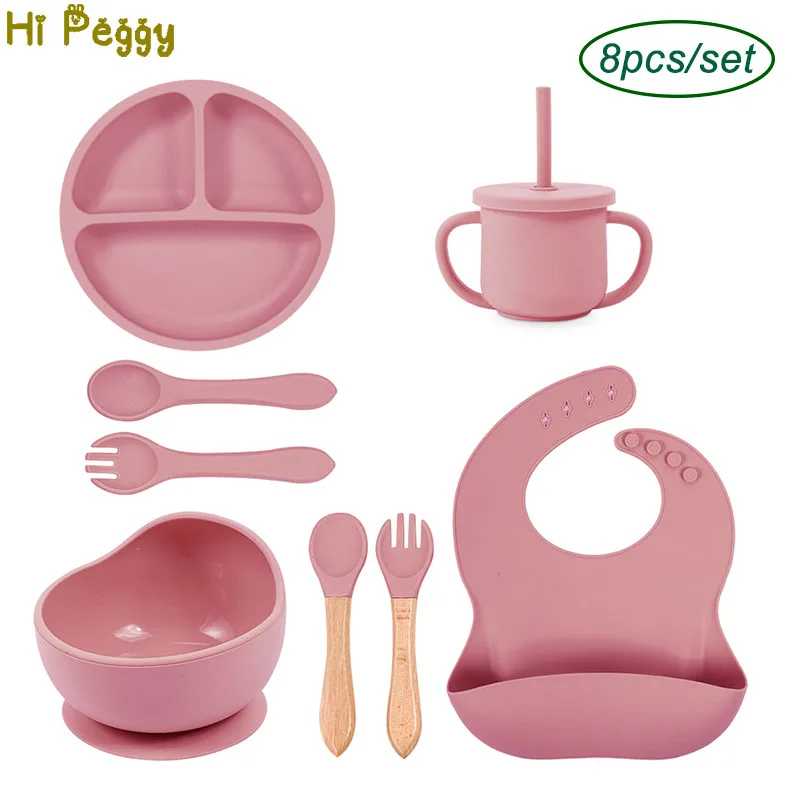 

Baby Feeding Plates Silicone Sucker Bowl Dishes Round Plate For Kid Children's Tableware Sets Straw Cups Spoon Fork Bis 8Pcs Set
