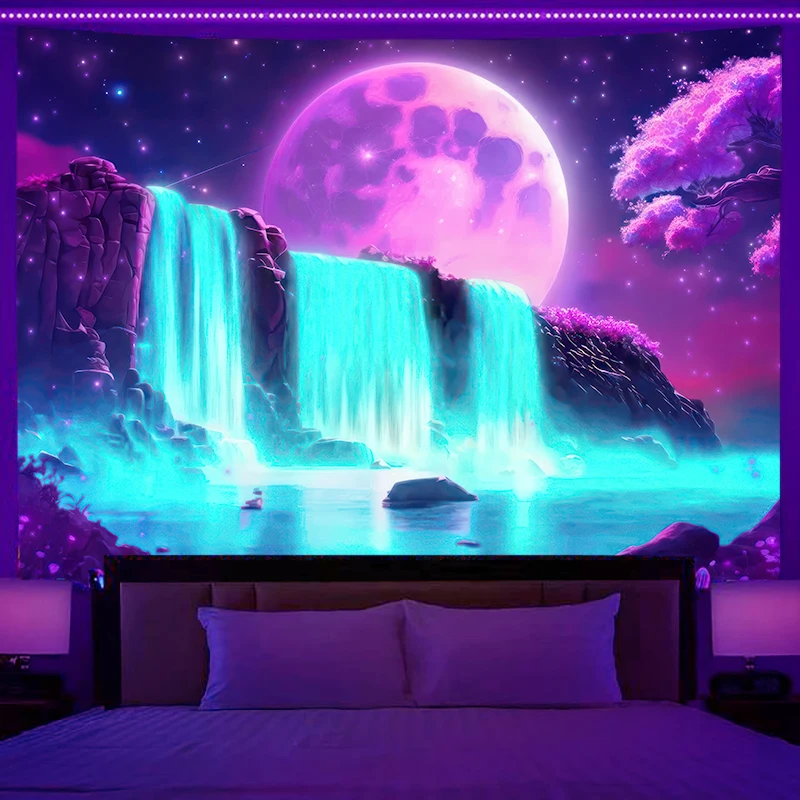 Fluorescent wall hanging fantasy starry sky planet city scenery tapestry art background cloth bedroom room home decoration 4