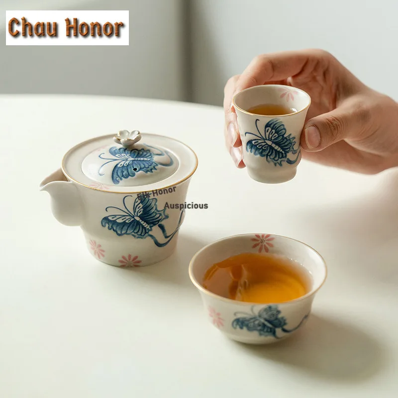 Pure Hand-painted Butterfly Daisy Travel Tea Set Kit Boutique 1 Pot 2 Cups Tea Maker Organizer Portable Picnic Tote Bag Supplies