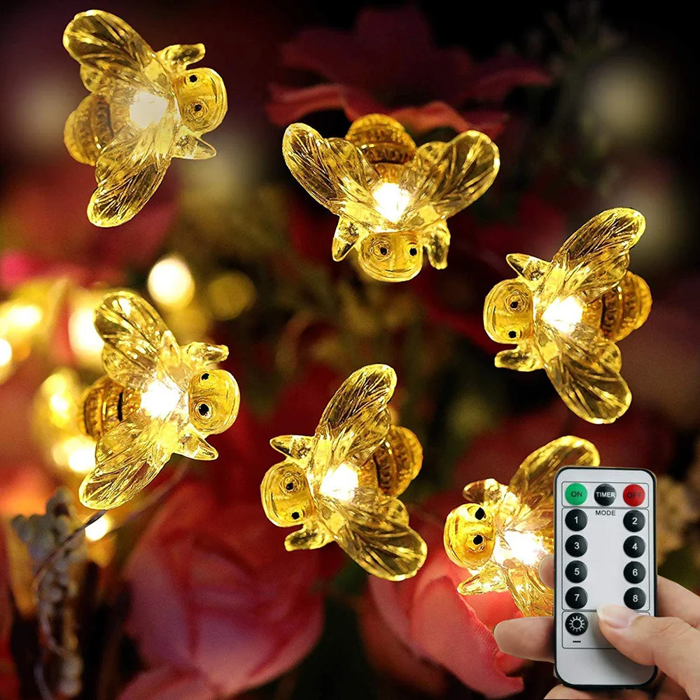 

USB/Battery 40LED Honeybee Decorative String Lights 8 Modes Remote Control Garden Bee Fairy Garland Lamp for Party Fence Patio
