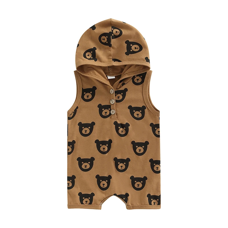 Baby Hooded Romper, Sleeveless Cartoon Bear Printed Jumpsuit For Baby