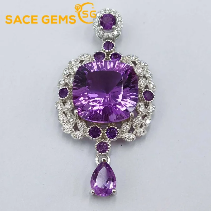 

SACE GEMS S925 Sterling Silver 13MM Natual Amethyst Pendant Necklaces for Womne Engagement Cocktail Party Fine Jewelry