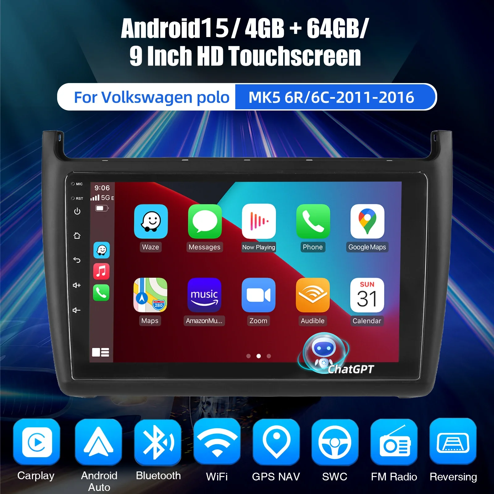 Autoradio ESSGOO Android 15 9 Zoll 64G für VW Polo MK5 6R 6C 2011-2016 Drahtloses CarPlay Android Auto GPS Navigation WIFI RDS Lenkradsteuerung Bluetooth FM Mirror Link KI-Stimme ChatGPT IPS Touchscreen – Detail 1