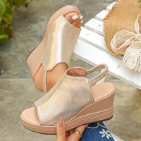 Gold Platform Wedge Sandals for Women Open Toe Thick Sole Summer Beach Shoes Woman Fashion Elastic Ankle Strap High Heel Sandals - Image 2