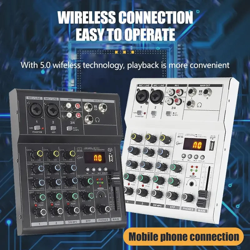 4 6 channels Audio mixer DJ karaoke Mixing Console USB Interface Sound Card BT 48V PC MP3 DJ Recording audio mixer audio interface