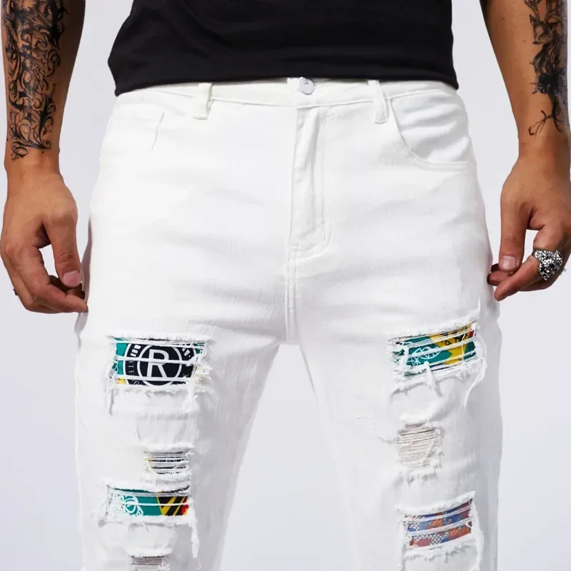 White 97% Cotton Jeans Men Clothing New Ripped Slim Patchwork Fashion Hole Skinny Elasticity Denim Trousers Male Streetwear 4