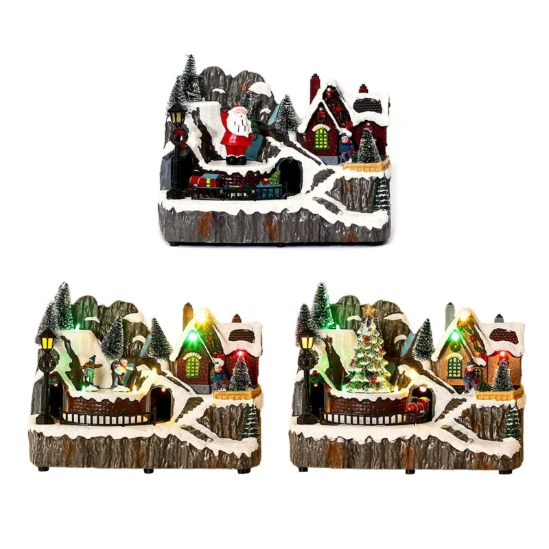 

E5BB Christmas Village House Figurine with Led Light Rotatable Statue Decoration