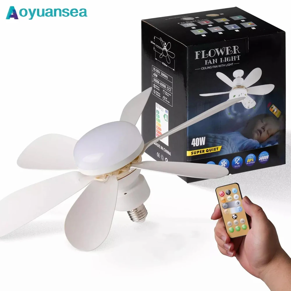 

Aoyuansea E27 Screw Head LED Fan Light Remote Control Three Color Dimming Detachable Fan Leaf Living Room Small Fan Lights