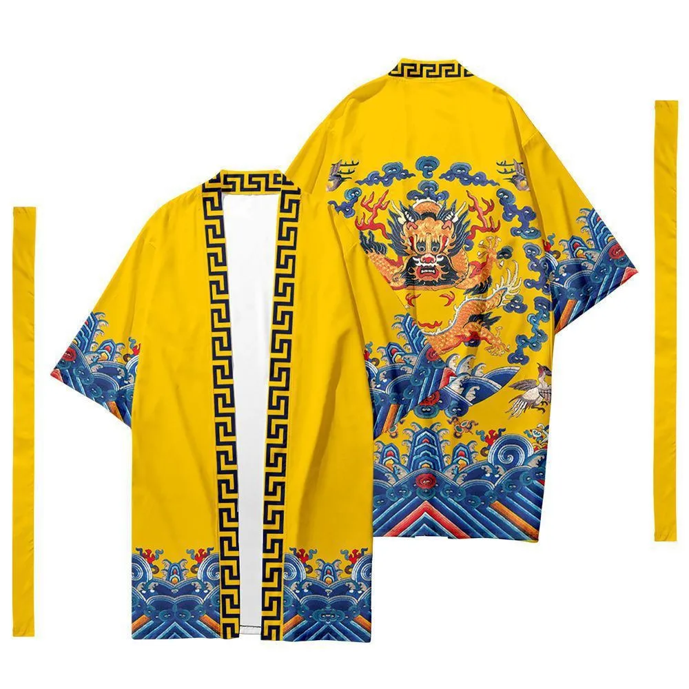 Men's Japanese Long Kimono Cardigan Samurai Costume Kimono Dragon Robe Shirt Yukata Outer Cover Tops