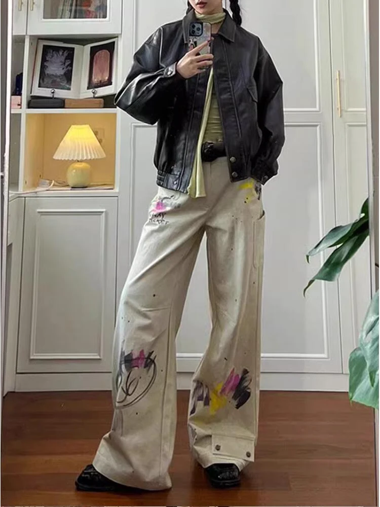 

Women's Off White Graffiti Cargo Jeans Vintage Cowboy Pants Harajuku Baggy Denim Trousers 90s Aesthetic Y2k 2000s Trashy Clothes