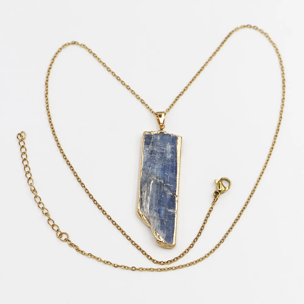 Natural Kyanite Irregular Raw Ore Chain Pendants Rough Stone Silver Gilded Edge Necklace Charm Jewelry Accessories Wholesale6Pcs