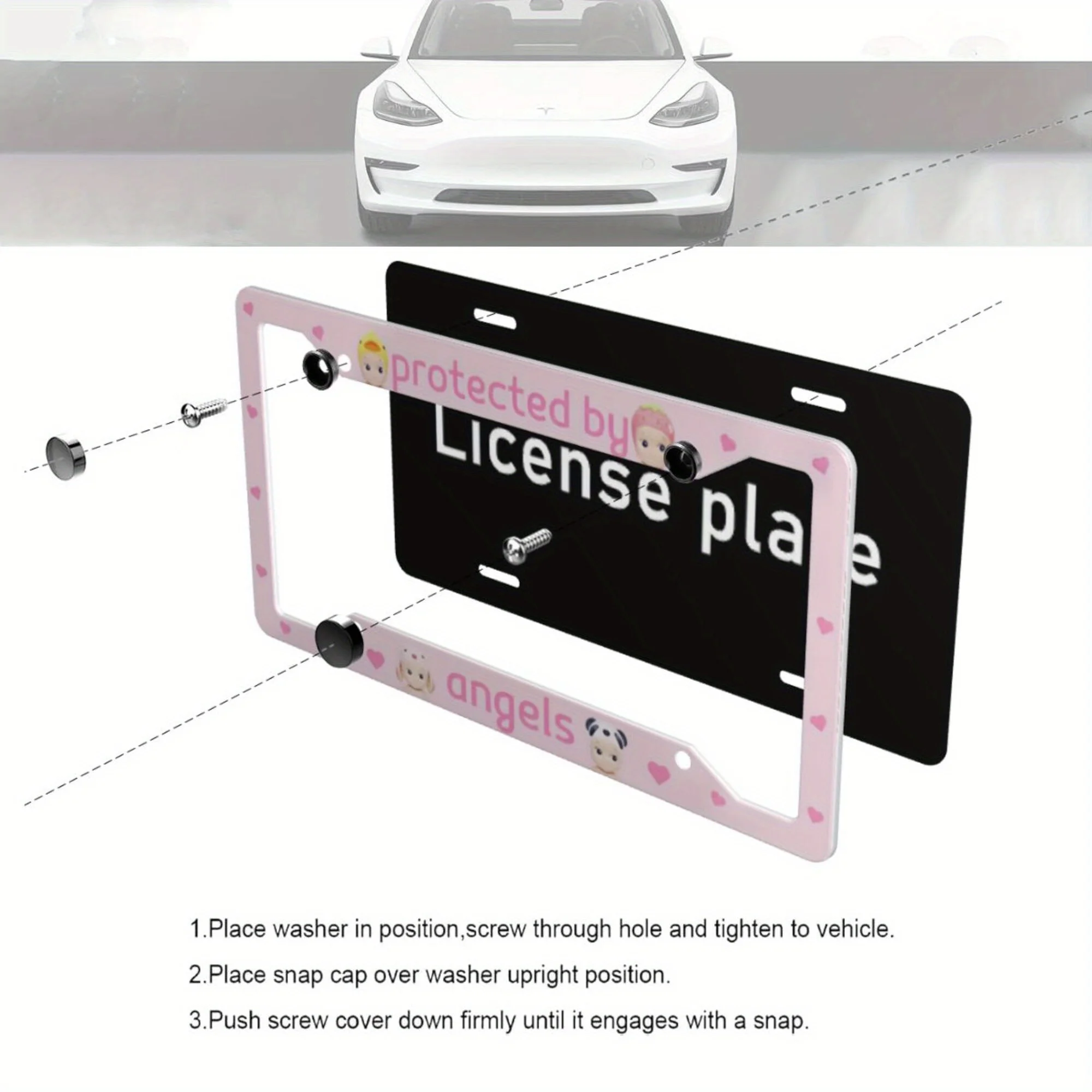 1pc Aluminum License Plate Frame, Protected By Angels Pink Funny Cute Kawaii Sonny Angels Car,Sonny Angel Kewpie Car Decor, 4