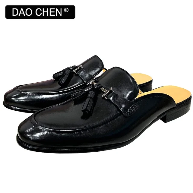 Luxury Brand Half Shoes for Men Genuine Leather Brown Blue Flat Mules Black  Casual Shoes Mens Fashion Mocassin Homme Chaussure