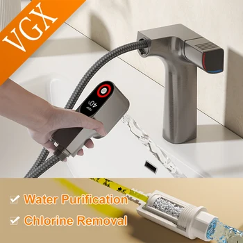 VGX 정제 욕실 수도꼭지, 물 필터 탭, 대야 믹서 싱크 수도꼭지, 고메 LED 온도 탭, 황동 탭웨어 크레인
