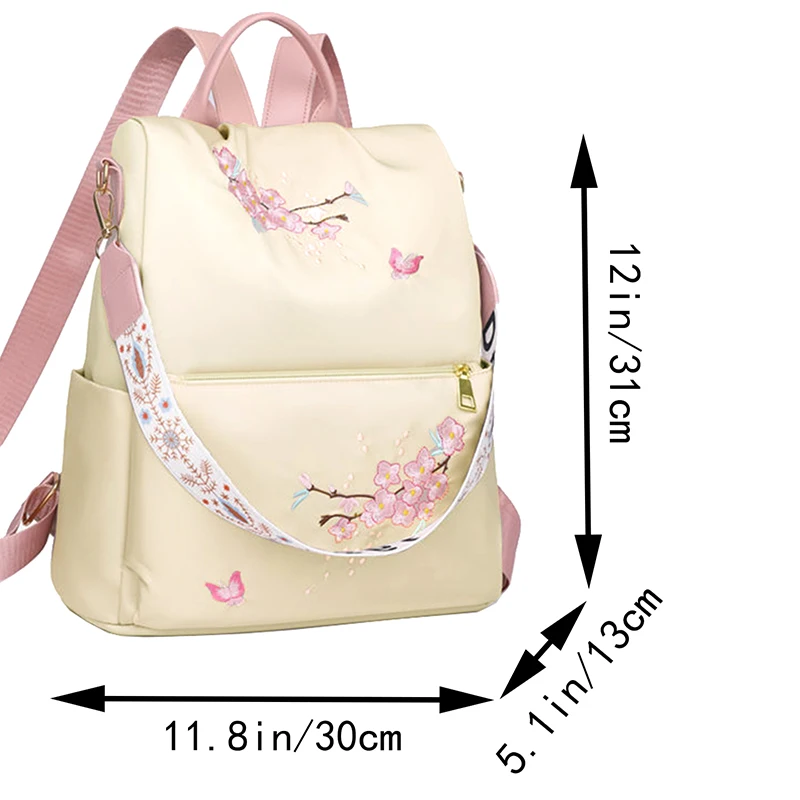 Aesthetic Cherry Blossom Embroidered Backpack for Women Anti-theft Nylon Travel Bag Convertible Shoulder Purse 2