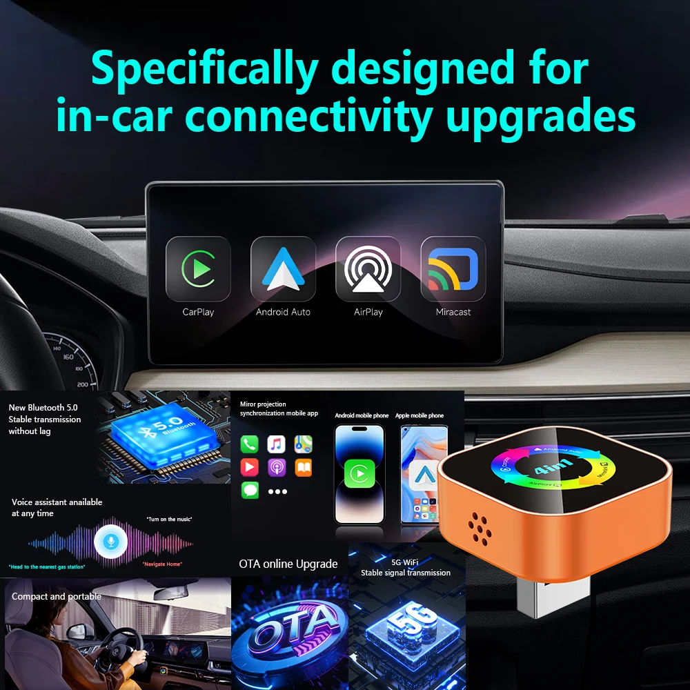 Adaptador Inalámbrico 4 en 1 para Carplay y Android Auto 2026, Mirror Link, Plug & Play, Bluetooth para Apple y Android 4