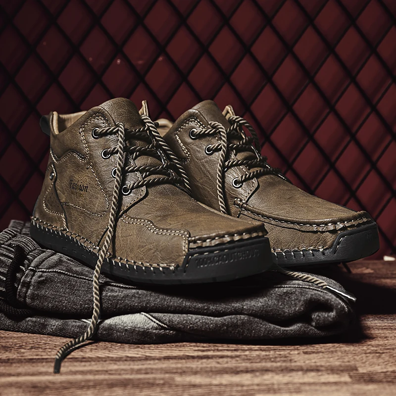 New Winter Men's Boots Thick Plush Warm Men Snow Boots Leather Men's Ankle Boots Handmade Men's Boots Winter Outdoor Men's Shoes