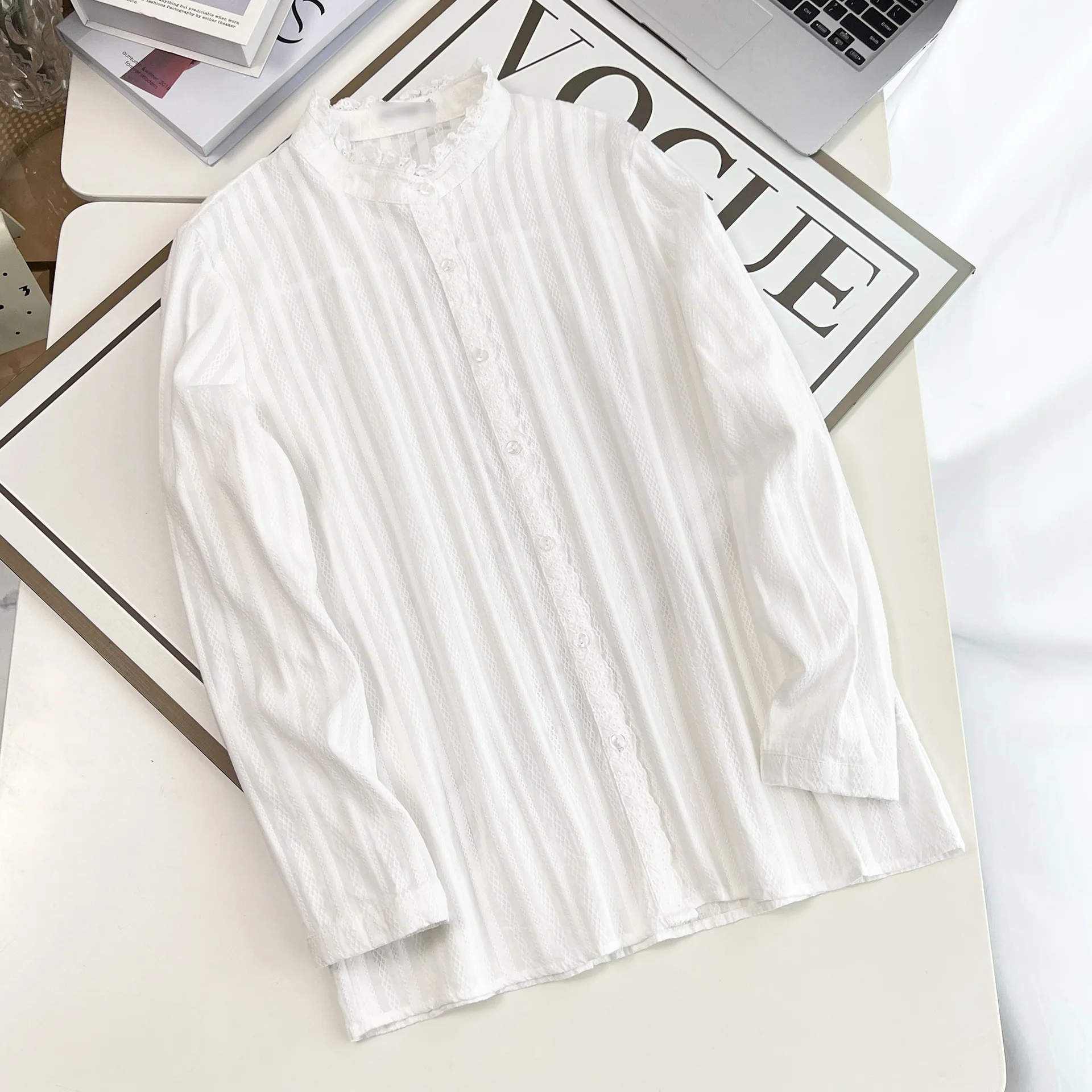 Plus Size Women's Blouses 2025 Autumn New Style Casual Ruffled Collar Vertical Long Sleeved Cotton Shirt 9088