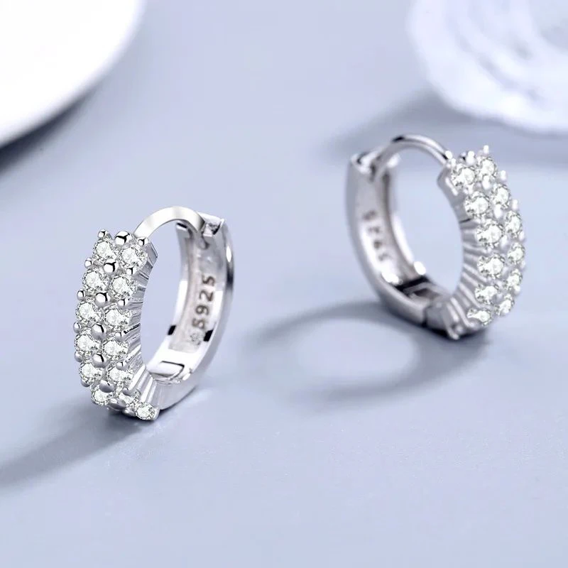 High Quality 925 Sterling silver Double row crystal Round Earrings Stud for women Fashion designer Jewelry Couple Gifts 4