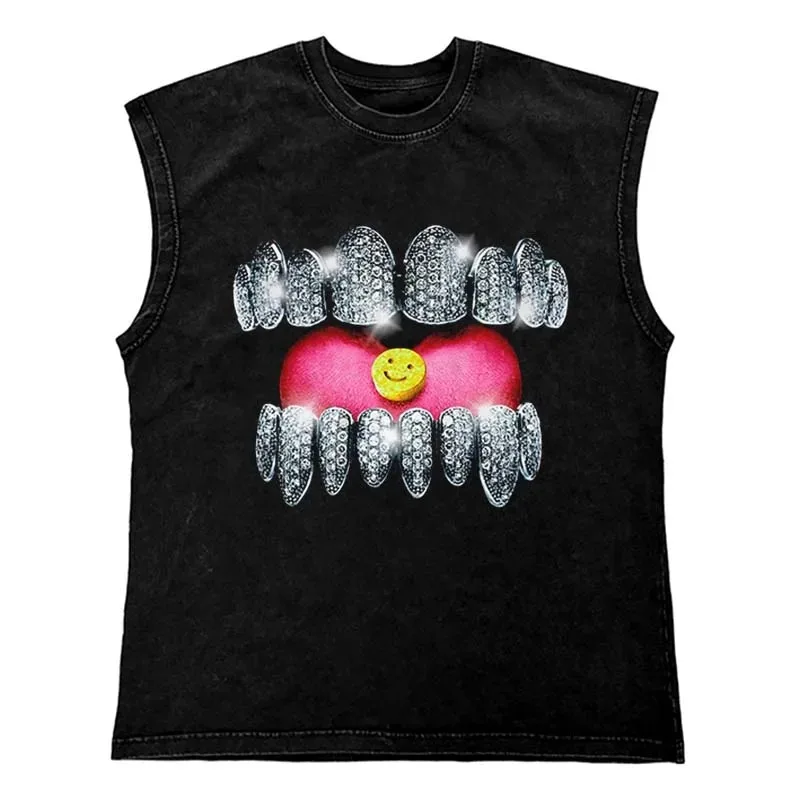 Gothic Punk Painting Print Tank Tops Hip Hop Oversized Cotton Streetwear T Shirt Tanks Tops Men Washed Vest Men Clothing