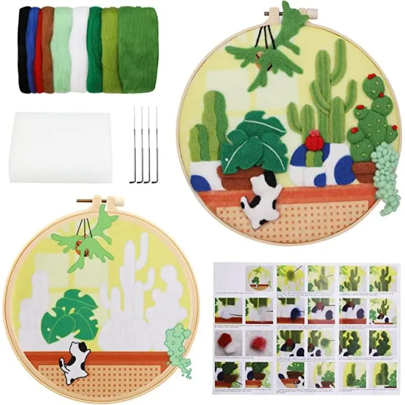 Needle Felting Kit Wool Felting Kit Needle Felting Painting Kit RUOPOTY DIY Wool Felting Painting With Embroidery Frame Cactus Needle Painting Picture Handiwork For Home Decors Crafts Diy Gift