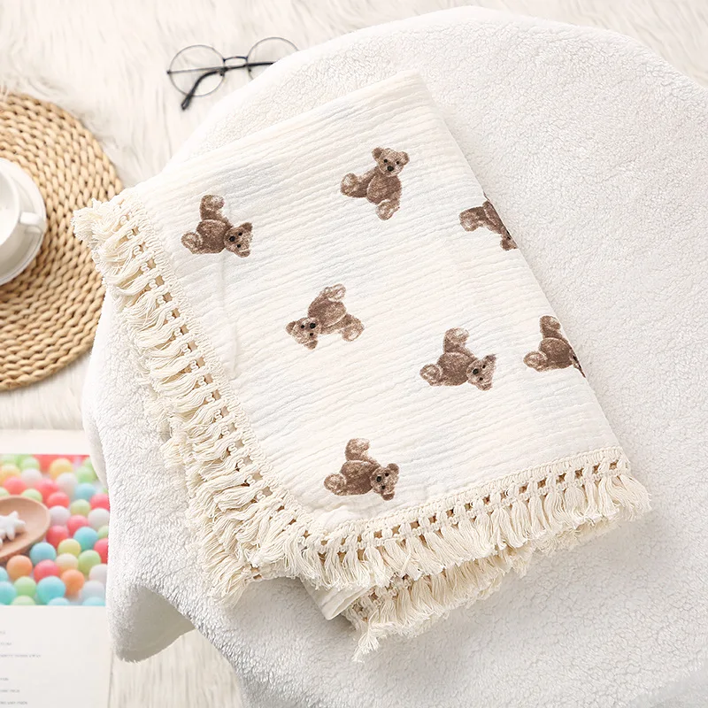 Schattige Beer Mousseline Pleinen Katoenen Baby Deken Voor Pasgeboren Plaid Baby Inbakeren Deken Baby 'S Accessoires Bed Zomer Dekbed