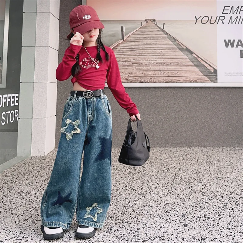 

Cool Girls 3 Pcs Set Teenage Letter T-shirt and Wide Leg Pants with Belt Kids Suits Children Streetwear Fashion Outfits 4-16Yrs