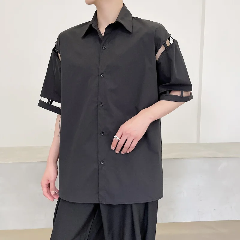 

NOYMEI Hollow Out Turn-down Collar Single Breasted Fashionable Men's Shirt All-match Vintage Style Simple 2024 Summer Top WA3896