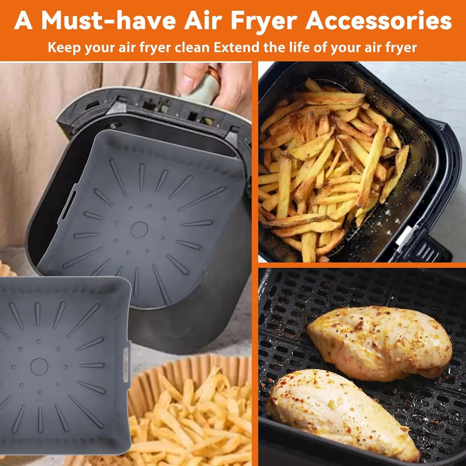 Air Fryer Liners 23cm Square Large Silicone 9Inch Reusable Air Fryer Tray Basket Mold for 6 to 8QT For Ninja