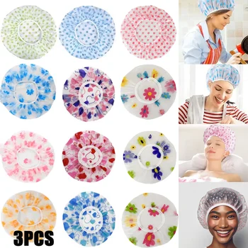 3pcs Shower Cap Reusable Color Waterproof Household Long Hair Shower Dry Hair Cap Kitchen Fume Prevention Sanitary Makeup Hat