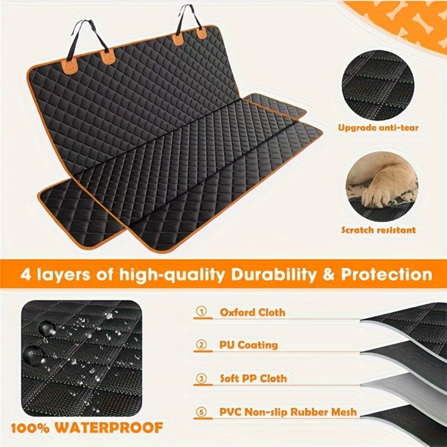 1pc Premium Pet Car Seat Cover-Waterproof, Non-Slip, Anti-Scratch Protective Bench Seat Protector with Orange Piping-Rear Se