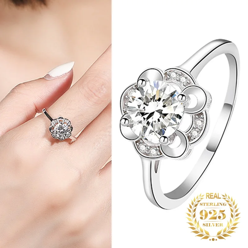 

White Gold Plated Luxury 1.2Ct Real Moissanite Ring 925 Sterling Silver Elegant Rose Ring For Women Wedding Party Fine Jewelry