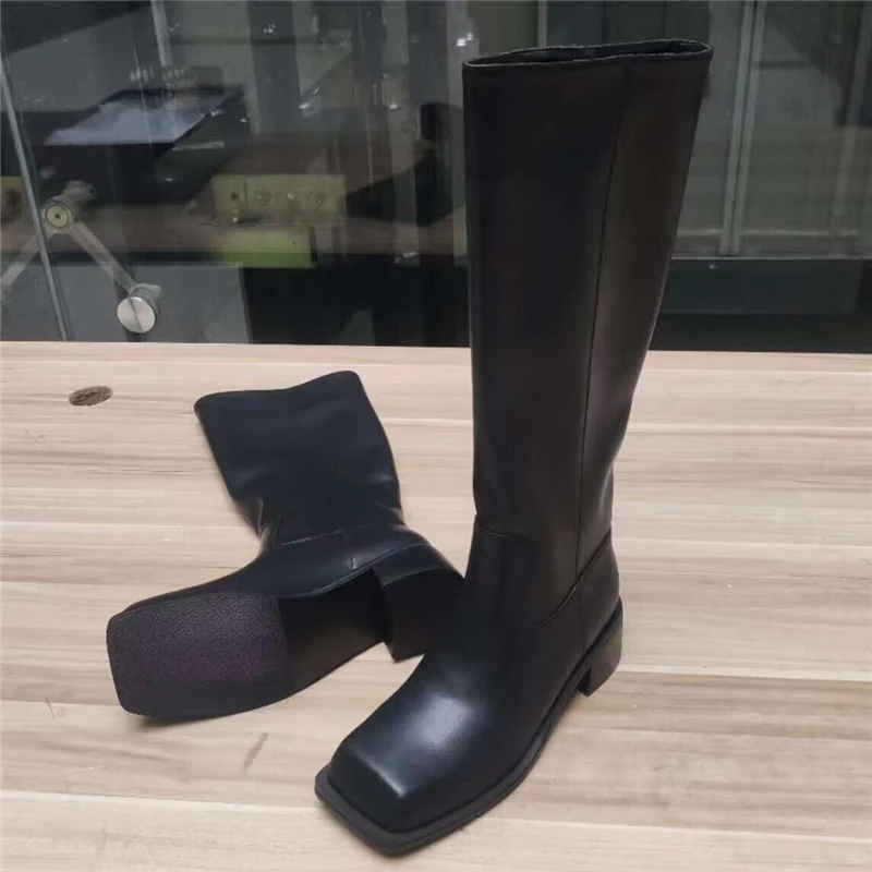 Plus Size 34-43 ZA New Genuine Leather Boots Fashion Square Toe Knee High Boots Women Square Heels Slip On Motorcycle Boots images - 6