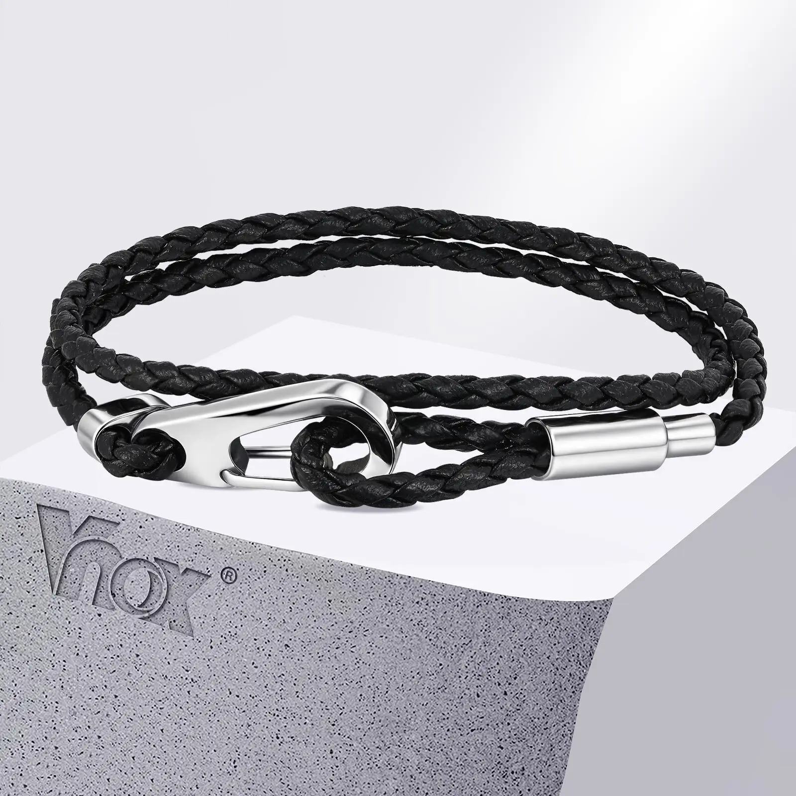 Vnox doppellagige schwarze gewebte PU-Lederarmbänder für Herren, kräftiger Hakenschließe aus Edelstahl, DIY-Schmuck erhältlich
