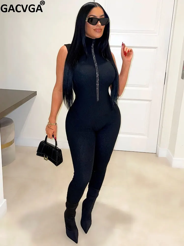 GACVGA Diamond Zipper Ribbed Knitted Jumpsuit Sleeveless Elegant Women