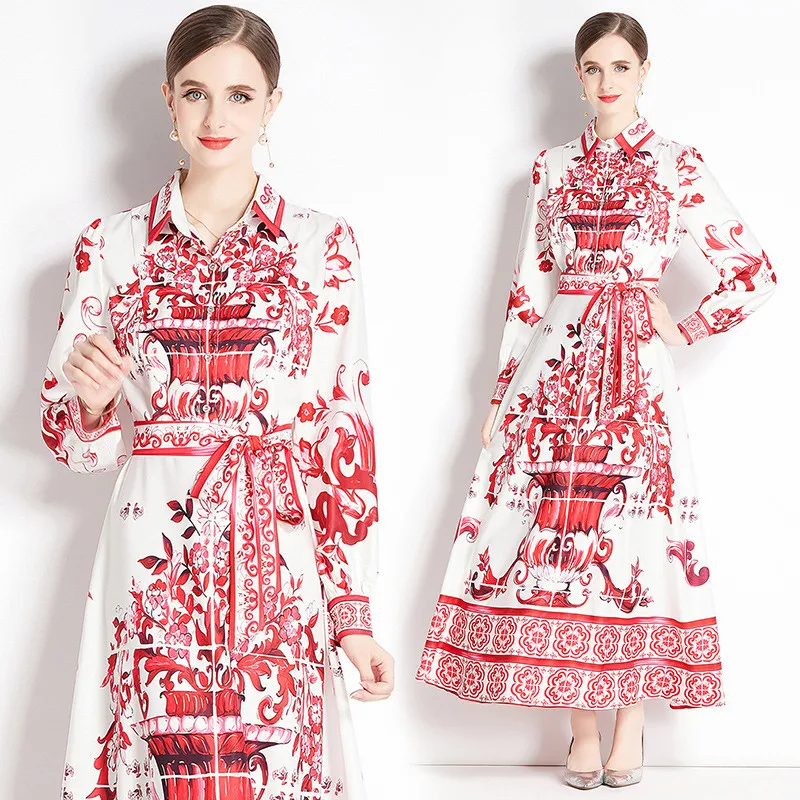 

Vingtage Classical Chinese Blue And White Porcelain Pattern Maxi Vestidos Elegant Bodycon Long Sleeve Corest Dresses With Belt