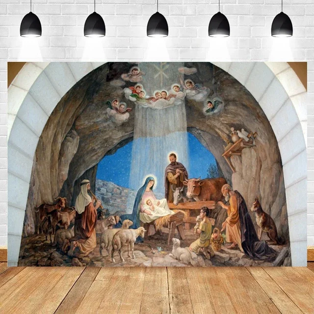 thumbnail image 1 of Fondo de escena de la natividad de Navidad con el nacimiento de Jesús, la Santa Cruz y la Biblia, perfecto para estudio fotográfico, decoración de pared, 1 of 5