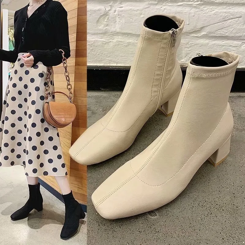 Korean Women Boots 2022 Fashion Modern Boots Autumn Winter New Ankle Mid-tube Shoes Woman Casual High-heeled Boots Ladies Shoes