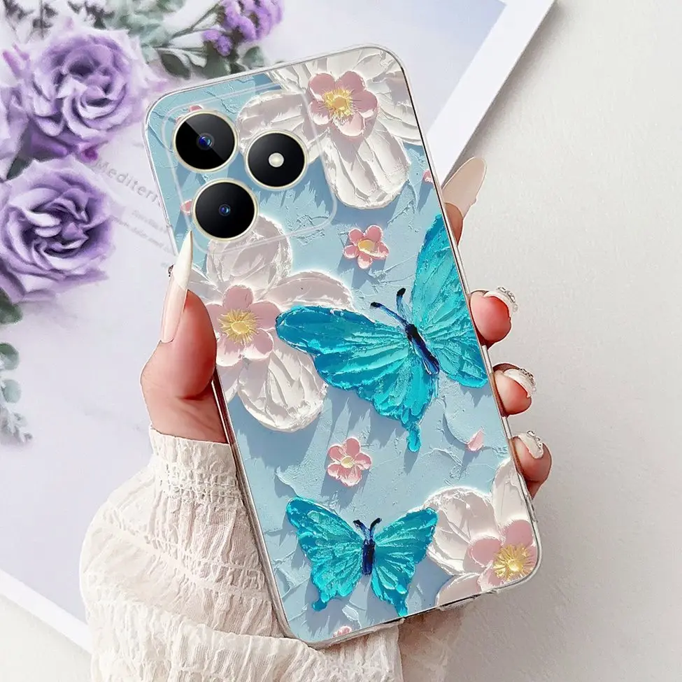 Clear Cute Cat & Butterfly Design Phone Case with Flower Accents - Stylish Protective Back Cover