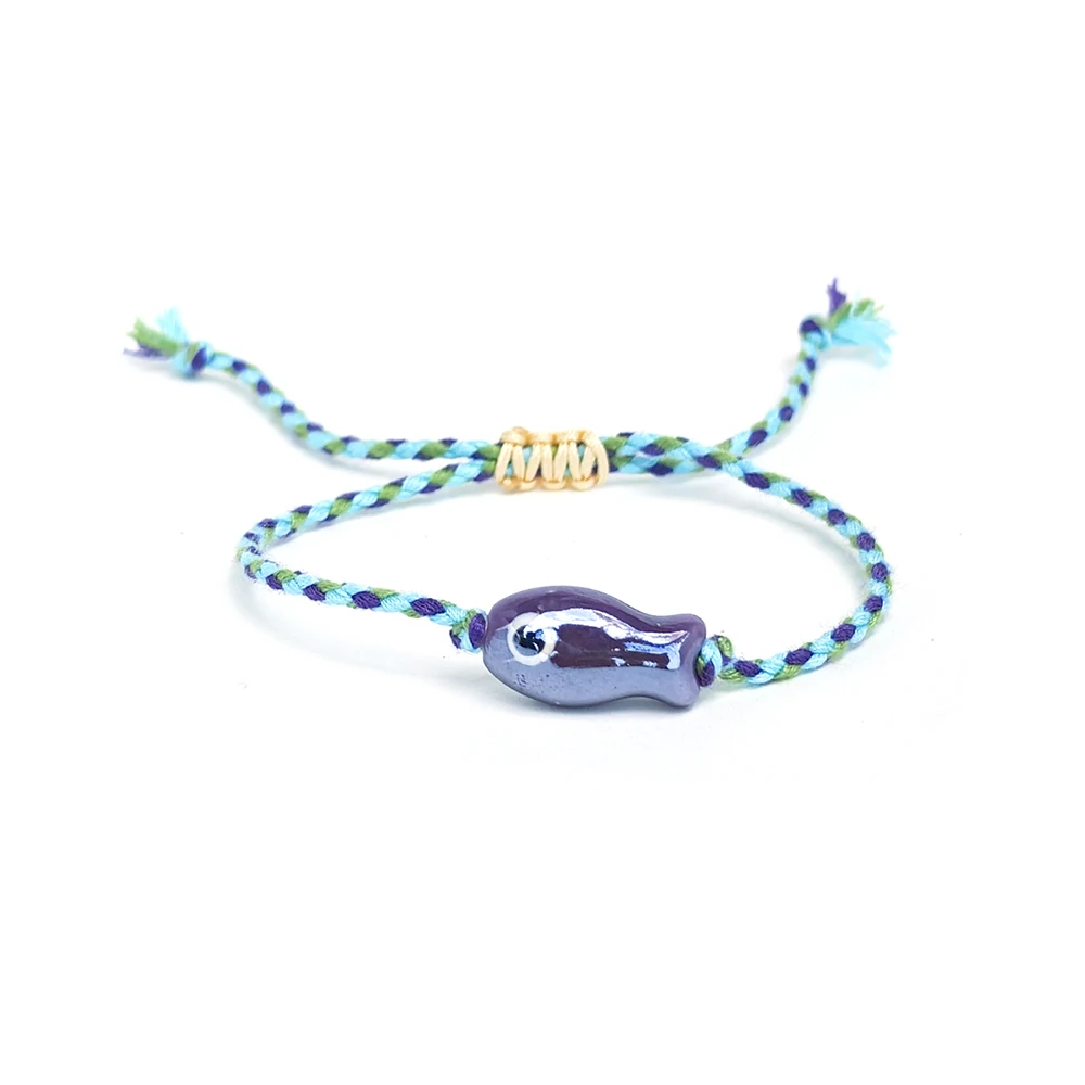 Vlen verstellbares Sommer-Strand-Armband, Keramik-Fisch-Charm, Boho-Stil, buntes Seil, geflochten, handgefertigter Schmuck, Geschenk für Frauen – Detail 11