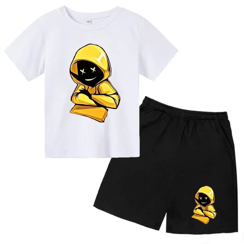 어린이 반팔 티셔츠 반바지 세트, DJ 캐주얼 만화 프린트, 통기성 반바지, 어린이 패션, 여름 