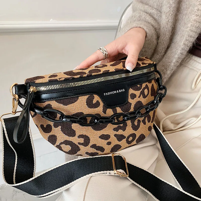 

Women Bag Casual Vacation Crossbody Chest Bags Leopards Pattern Zipper Waist Bags Brand Half Moon Luxury Women Fanny Pack