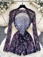 SINGREINY Serpentine Print Sexy Playsuits Female O Neck Long Sleeves Hollow Out Sheer Bodysuits Fashion Backless Short Jumpsuits - Image 2