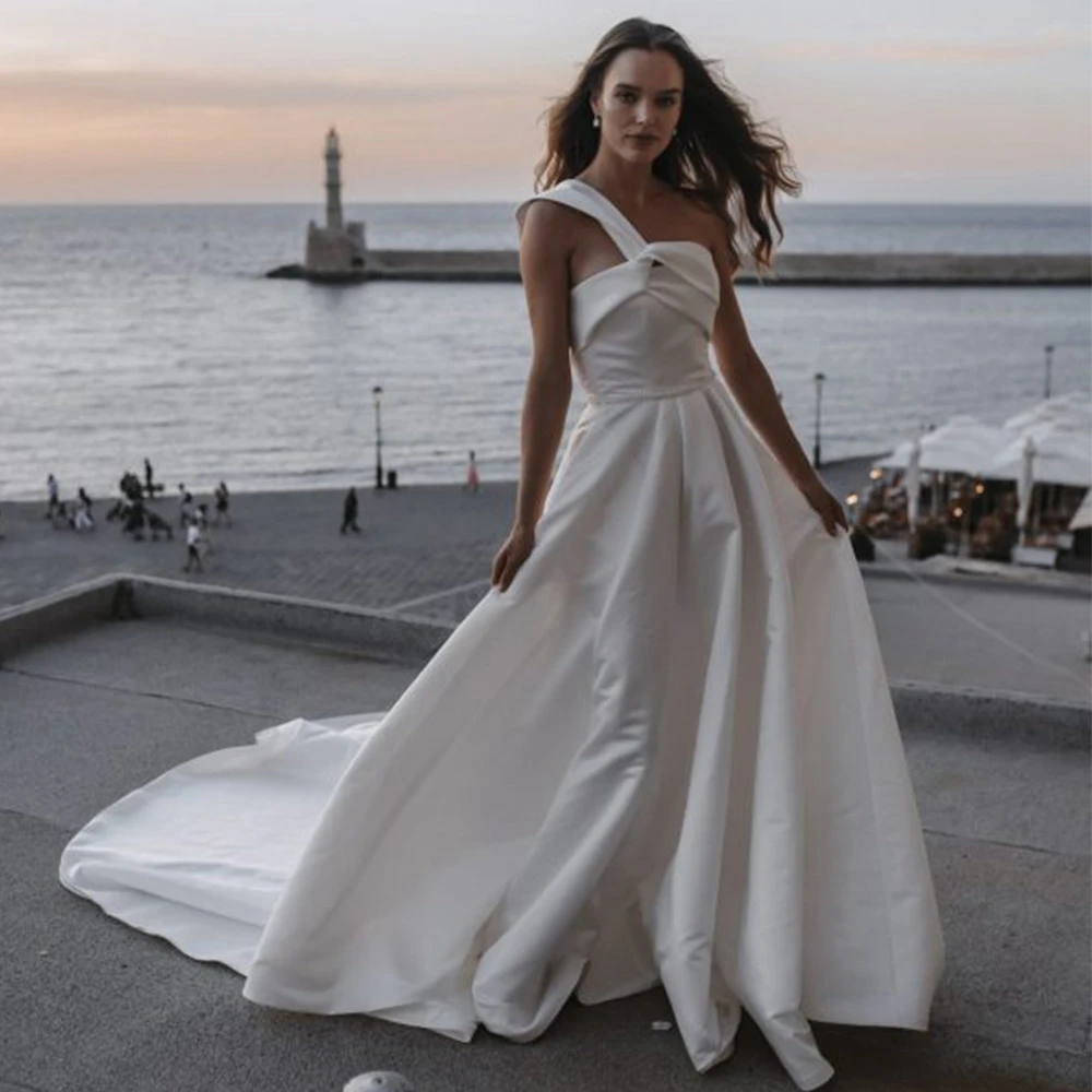 

Pmwrun Simple Wedding Dress White Fashion Grab Pleats One Shoulder Floor A-Line Multi Size Bridal High Quality Marry Gowns